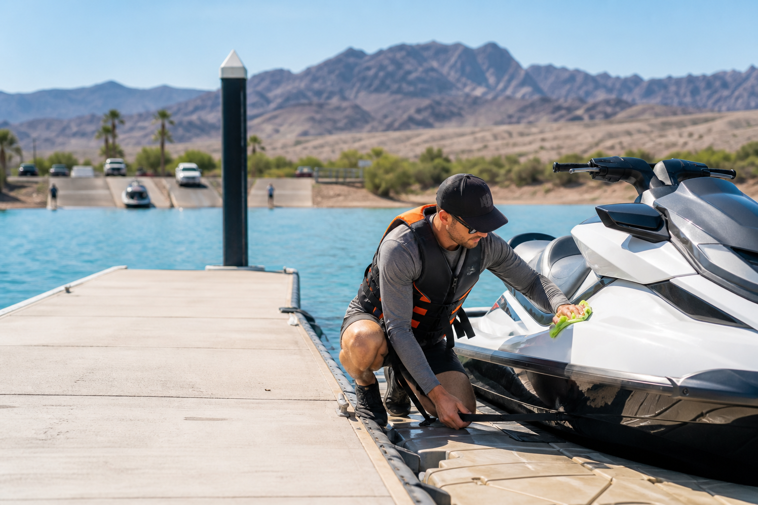 Personal watercraft docked at the river
